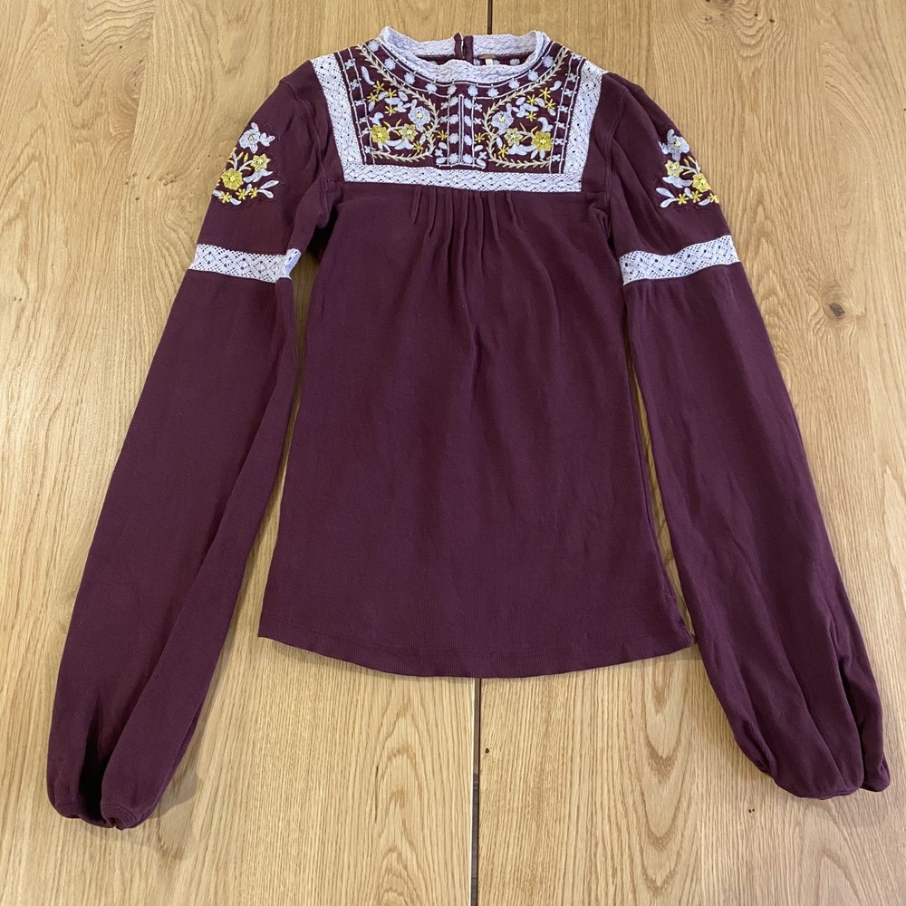 free people peasant embroidered top Women's Small burgandy Floral*